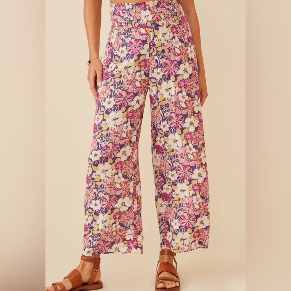 Floral Wide-Leg Pull-On Pants in Pink & Purple
